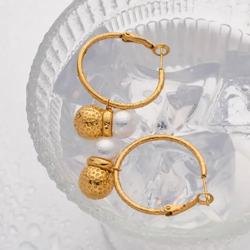 JDET766 18K Gold Stainless Steel Hammer Pearl Ball Pendant Earrings Titanium Steel Jewelry