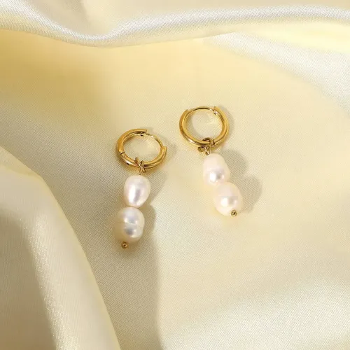 JDET335 Baroque Geometric Stainless Steel Freshwater Pearl Drop Earrings