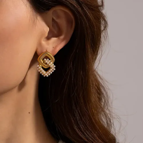 JDET700 18k Gold Stainless Steel Inlaid Zircon Double Zircon Earrings Jewelry