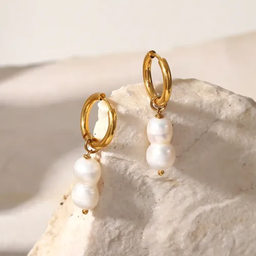 JDET297 18K gold stainless steel earrings freshwater pearl drop earrings