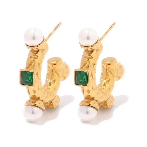 JDET669 Jewelry 18k gold inlaid green square zircon pearl earrings