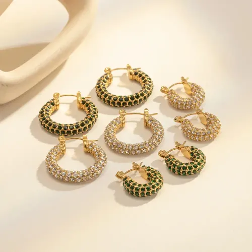JDET717 18k Gold Plated Stainless Steel Hoop Earrings with White CZs