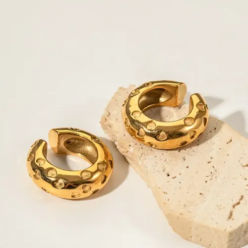 JDET746 18K Real Gold Stainless Steel Thick Cylindrical Hollow Love Earrings Ear Clip Jewelry