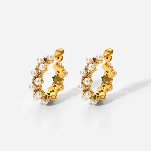 JDET307 Double layer pearl zircon set 18K gold stainless steel stud earrings