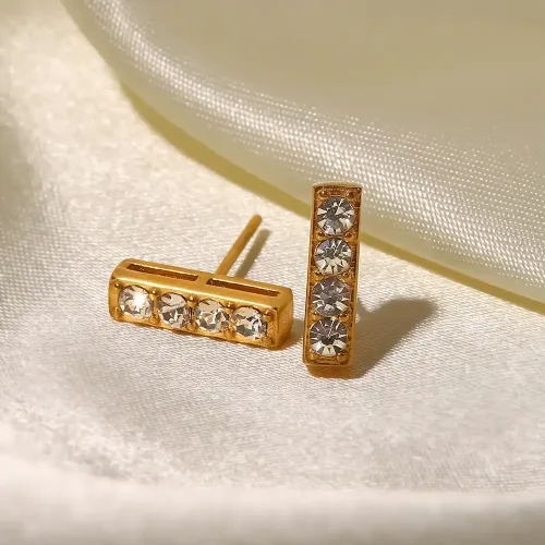 JDET831 Women's Titanium Steel Fine 18K Gold Stainless Steel Rectangle Set White Diamond Stud Earrings