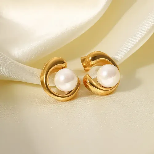JDET261 18K Gold Geometric Pearl Stainless Steel Pearl Earrings