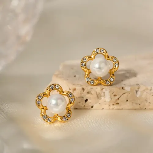 JDET489 18K Gold Stainless Steel Full Diamond Pearl Flower Earrings