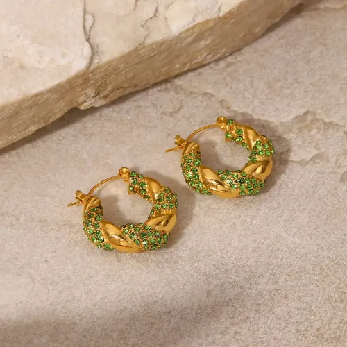 JDET272 Green zircon inlaid 18K gold twist stainless steel earrings