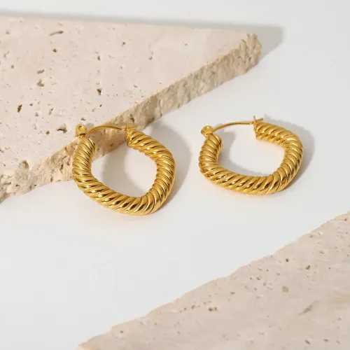 JDET364 18K Gold Stainless Steel Geometric Rhombus Rectangular Cable Wrap C-Hoop Earrings Jewelry