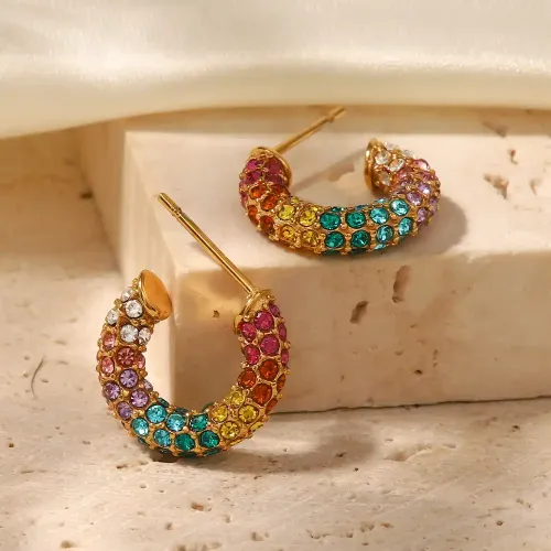 JDET939 18k Gold Plated Stainless Steel Hoop Earrings with Colorful Zircons