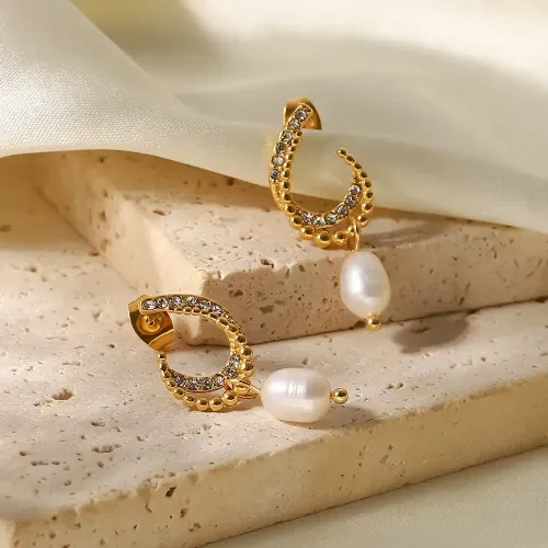 JDET860 Women's Titanium Steel 18K Vacuum Plated Freshwater Pearl Pendant Earrings Jewelry