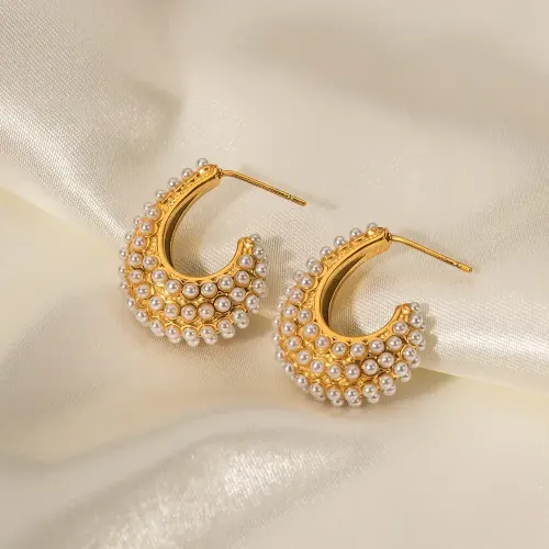 JDET604 18k stainless steel inlaid pearl C-shaped stud earrings wholesale