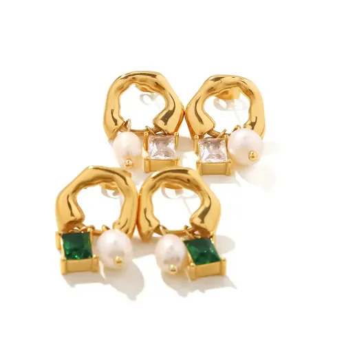 JDET416 18k Gold Plated Stainless Steel Inlaid Zircon Natural Freshwater Pearl Dangle Earrings For Women