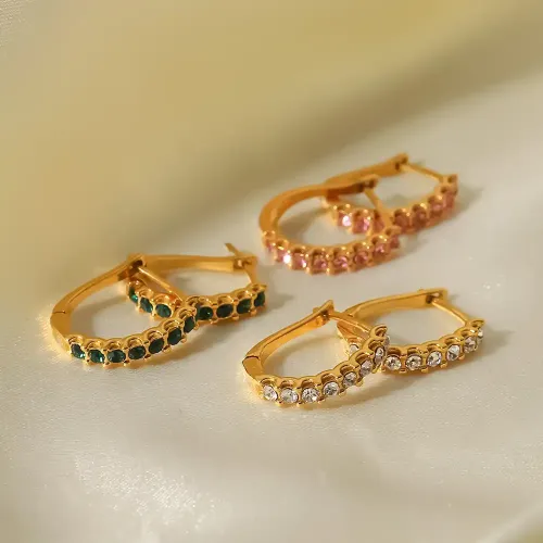 JDET643 Stainless Steel Gold Plated Green Zircon U Ring Women's Titanium Steel Earrings Jewelry
