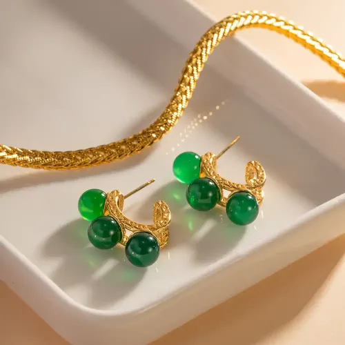 JDET622 Classic Stainless Steel Hammer Pattern 18 Gold Inlaid Green Agate Pearl Earrings