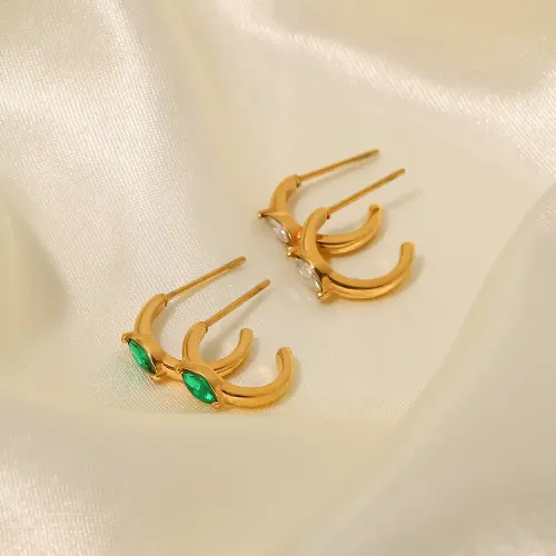 JDET546 Titanium Steel Stainless Steel 18K Gold C Shape Inlaid Water Drop Green White Zircon Earrings