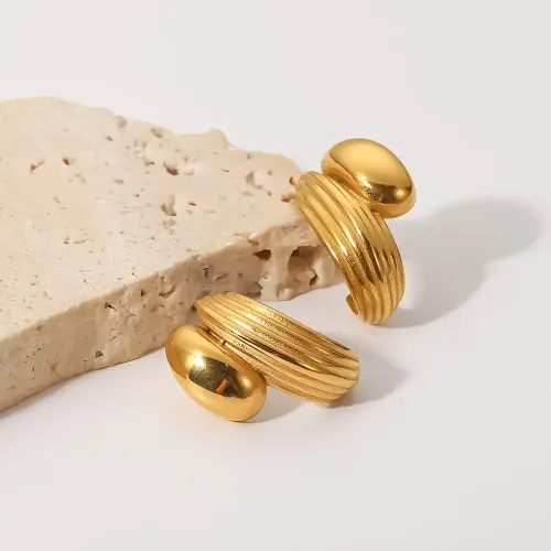 JDET555 18K gold plated C-shaped ring geometric stainless steel ribbed high polish stitching earrings women's jewelry