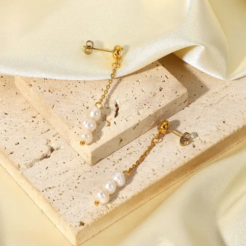 JDET736 Stainless Steel 14k Gold Plated Pendant Jewelry Waterproof Cubic Zirconia Long Chain Pearl Women Earrings