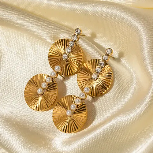 JDET818 Geometric Stainless Steel Earrings 18k Gold Stainless Steel Round Fan Shape with Pearls