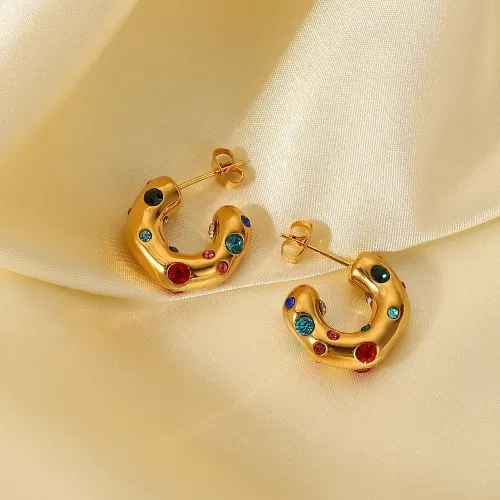 JDET299 18K Gold Stainless Steel Inlaid Colorful Zircon Shaped Hammer Pattern Earrings