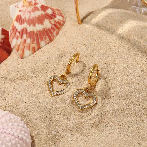 JDET973 18K Gold Stainless Steel Hollow Heart Zircon Trimmed Heart Shaped Pendant Female Earrings