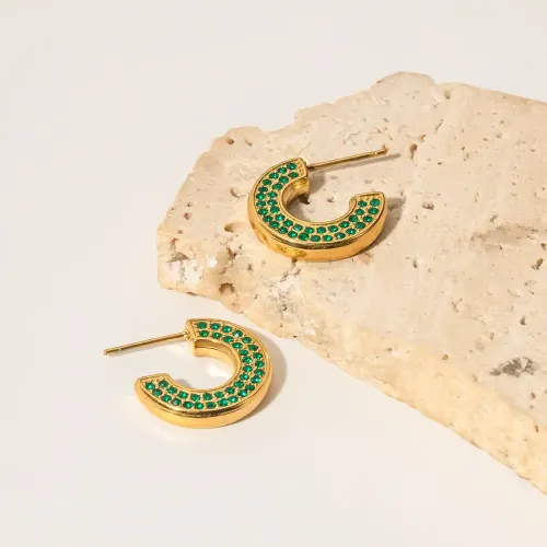JDET893 16K Gold Stainless Steel C Shape Green Zircon Earrings Wholesale