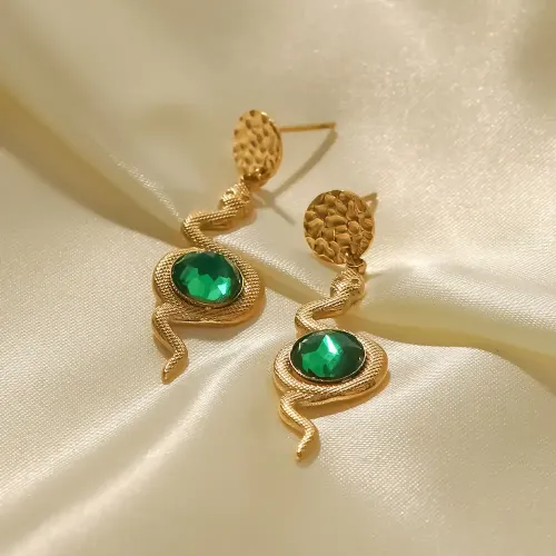 JDET210 Stainless Steel Hammer Snake Green Zirconia Drop Earrings