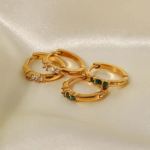 JDET956 Women's Titanium Steel 18K Gold Plated Three White Diamond/Green Diamond/Pearl Round Earrings