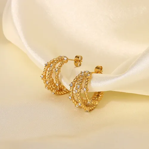 JDET853 Gold Zircon C Shape Stainless Steel Vacuum Plating Jewelry Earrings For Women