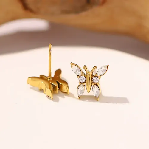 JDET941 Butterfly element earrings 18K gold stainless steel white zircon butterfly earrings for women