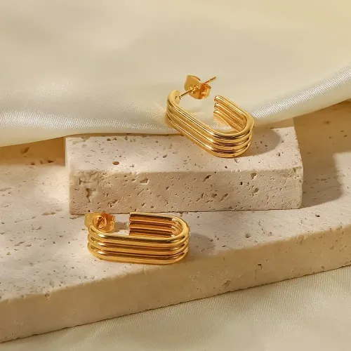 JDET504 Geometric titanium steel earrings 18K gold stainless steel three-layer hoop U-shaped open earrings stud earrings