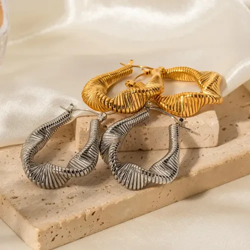 JDET539 18K Gold Plated Stainless Steel Crinkled Ribbed Twisted Wire Earrings Women Earrings