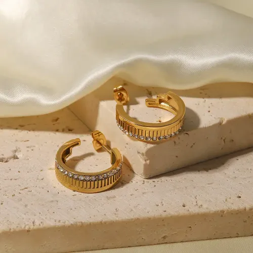 JDET187 18K gold plated stainless steel open inlay white diamond stripe earrings jewelry