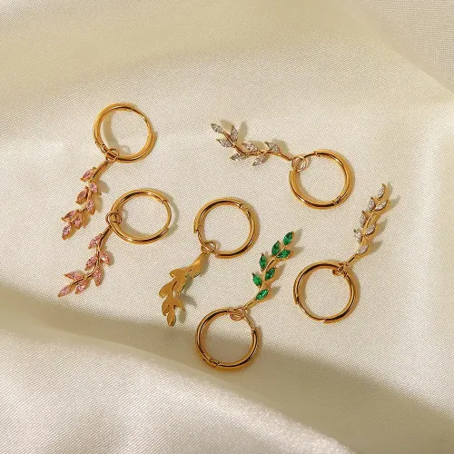 JDET246 18K gold inlaid zircon leaf pendant earrings