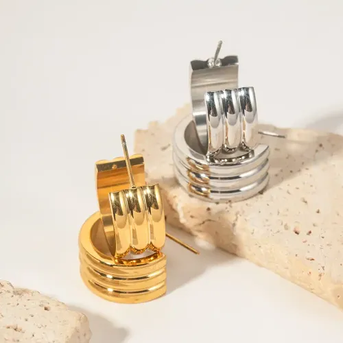 JDET498 Geometric titanium steel earrings 18K gold stainless steel three-layer circle-shaped open earrings