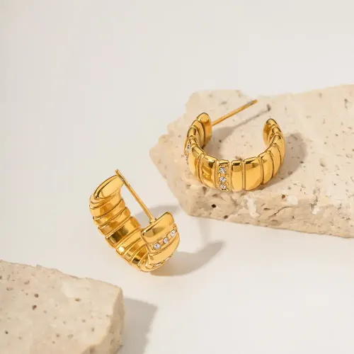 JDET493 Stainless steel diamond-encrusted bread grain C-shaped earrings do not fade jewelry wholesale