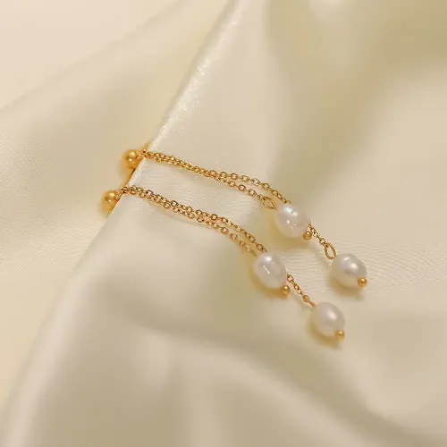 JDET238 18K Gold Natural Freshwater Pearl Tassel Earrings