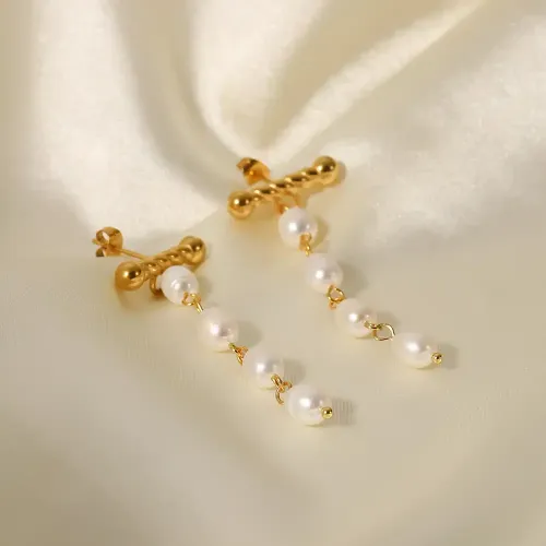 JDET257 Dangle Freshwater Pearl Stainless Steel 18K Drop Earrings Jewelry