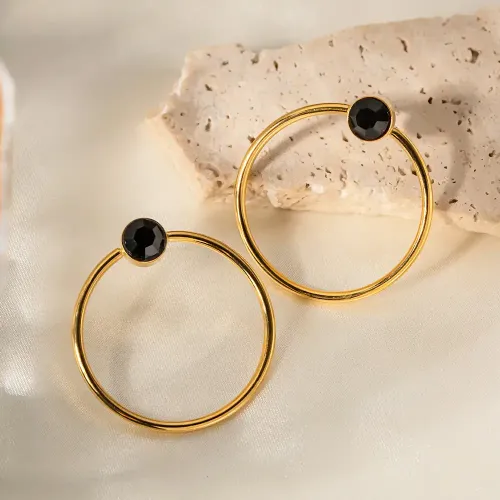 JDET488 18K Gold Stainless Steel Faceted Black Resin Circle Titanium Steel Earrings Wholesale