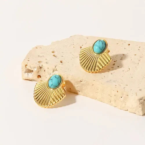 JDET641 Stainless Steel 18K Gold Plated Turquoise Inlaid Ribbed Scalloped Earrings for Women