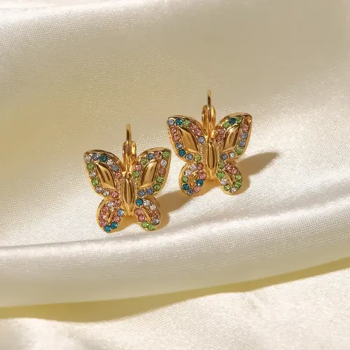 JDET229 Stainless Steel Inlaid Colored Diamond Pendant Butterfly Earrings