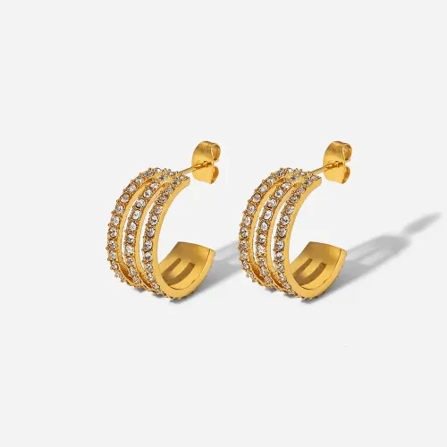 JDET276 Stainless steel white full zirconium three-layer linear earrings