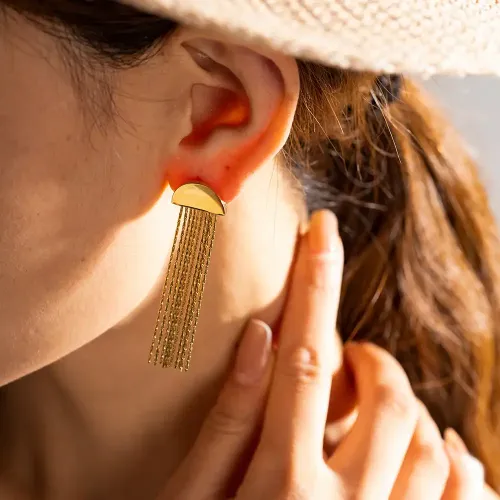 JDET708 16K Gold Stainless Steel Half Round Long Tassel Stud Earrings