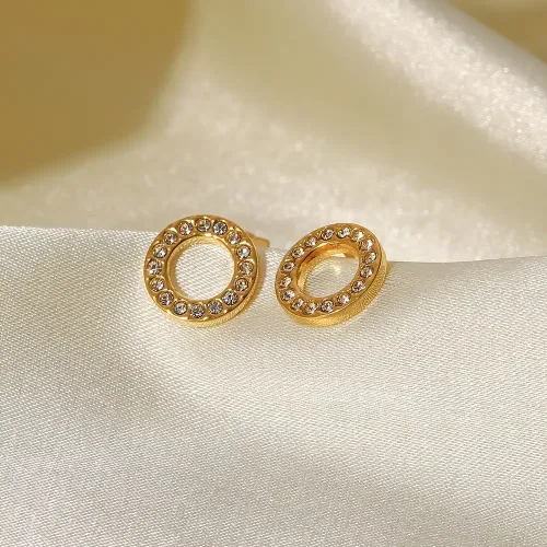 JDET843 Women's Titanium Steel 18K Gold Plated Stainless Steel Jewelry Hollow White Round Cubic Zirconia Stud Earrings