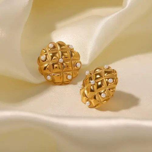 JDET397 18K gold plated vintage plaid diamond inlaid pearl earrings