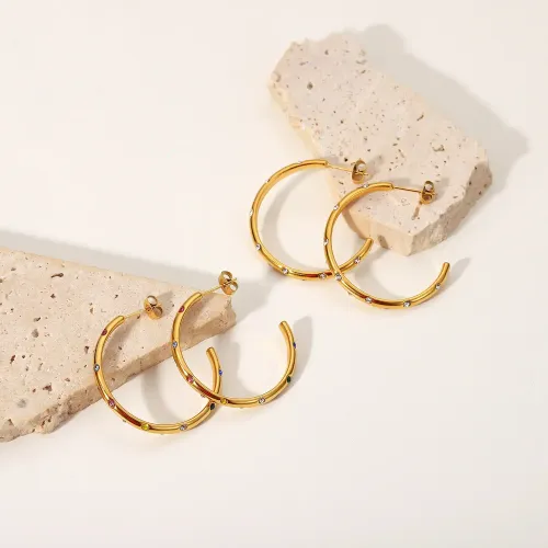 JDET316 18K gold stainless steel large C-shaped earrings with colored zircons