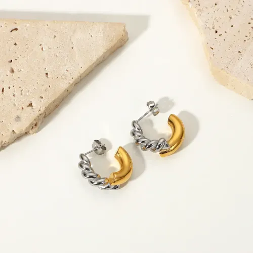 JDET320 18K gold stainless steel upper silver and lower gold twist splicing glossy C-shaped earrings