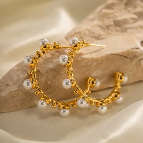 JDET458 18k Gold C Shape Stainless Steel Pearl Earrings