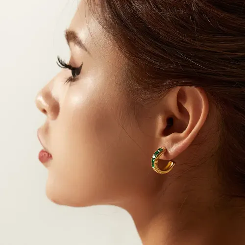 JDET651 18K gold stainless steel five square green zircon inlaid threaded C-shaped earrings
