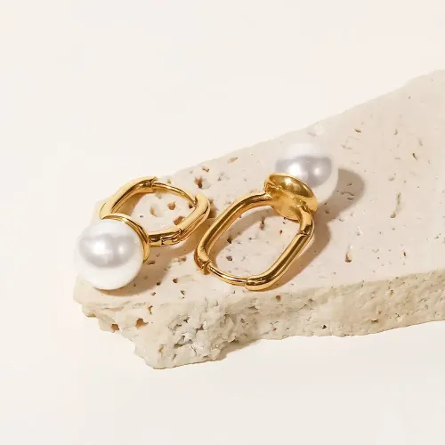 JDET234 18k Gold Plated Stainless Steel U Shaped Pearl Earrings Jewelry